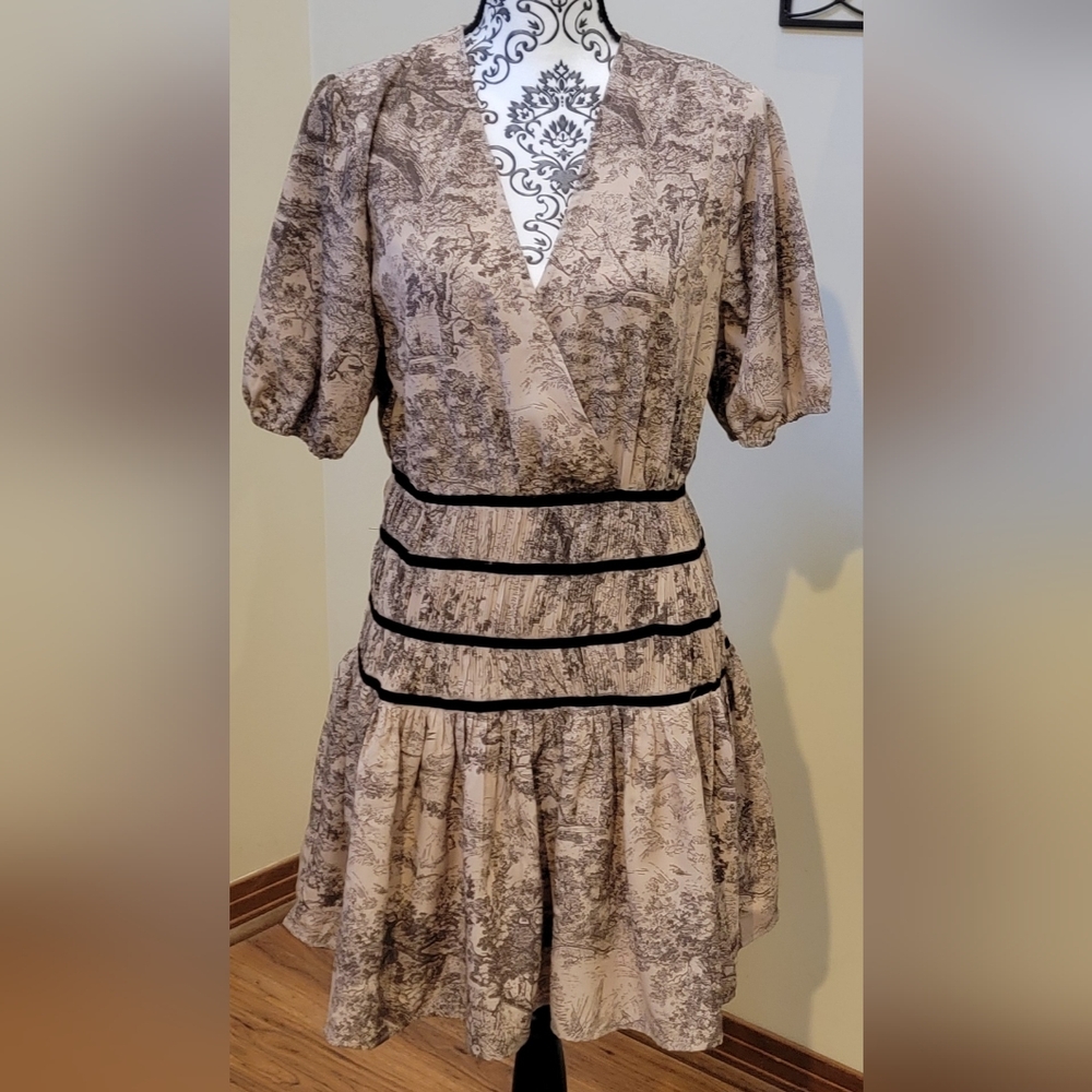 Toile Print Ruched waist Entro Dresz. New With Tags. Size Medium.